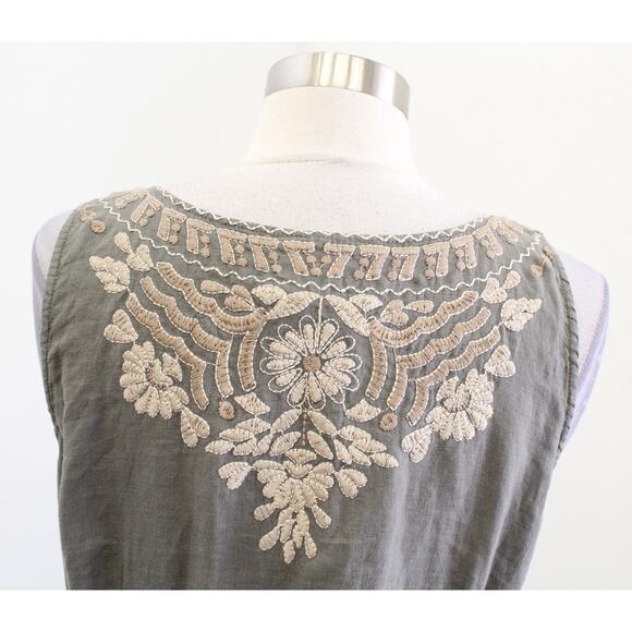 Johnny Was Green Ornate Floral Embroidered Button Front Tie Waist Linen Dress S - Picture 8 of 8